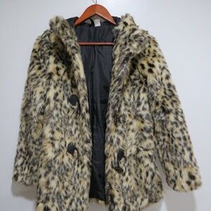 H&M Animal print fur hooded coat/jacket.
